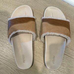 OluKai Tan and Brown Sheepskin Slides